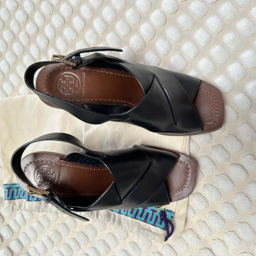 Tory Burch Bleeker Wide Cross Strap Black Leather Sandals - Size 5.5 - Picture 5 of 5